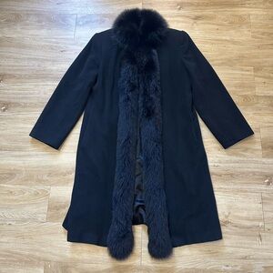 Vintage 90s Marvin Richards Black Lambswool Coat Real Fur Trim USA Size 10